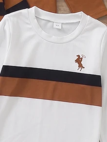 SHEIN Genkimix Kids 3件裝字母印花圓領長袖T恤，精緻有意義的字母印花，活潑有趣，舒適柔軟面料，適合日常穿著、學校、運動、居家等多種場合 - 棕色 - 查看 4