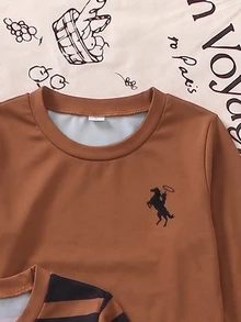 SHEIN Genkimix Kids 3件裝字母印花圓領長袖T恤，精緻有意義的字母印花，活潑有趣，舒適柔軟面料，適合日常穿著、學校、運動、居家等多種場合 - 棕色 - 查看 6