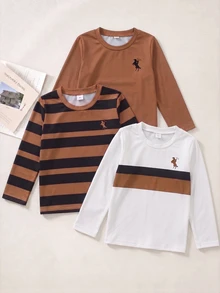 SHEIN Genkimix Kids 3件裝字母印花圓領長袖T恤，精緻有意義的字母印花，活潑有趣，舒適柔軟面料，適合日常穿著、學校、運動、居家等多種場合 - 棕色 - 查看 3