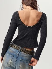 Bohemela Casual Solid Color Knit Backless Women's T-Shirt - Black - View 5