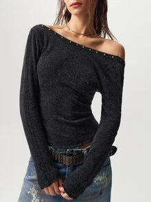 Bohemela Casual Solid Color Knit Backless Women's T-Shirt - Black - View 7
