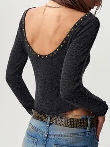 Bohemela Casual Solid Color Knit Backless Women's T-Shirt - Black - View 1