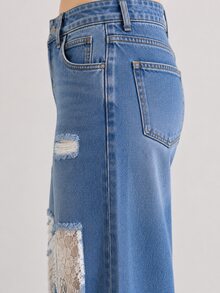 Zerodot Celana Jeans Wanita Biru Denim Model Lurus dengan Detail Renda yang Elegan, Cocok untuk Pesta, Jalan-jalan, Musim Gugur/Pra-Musim Gugur - Light Wash - View 5