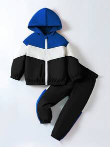 SHEIN 男童两件套休闲拼色连帽运动服和裤子套装户外秋季服装男童慢跑套装男童运动服套装男童运动服套装男童慢跑套装 - 藍色 - 查看 3