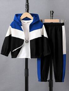 SHEIN 男童两件套休闲拼色连帽运动服和裤子套装户外秋季服装男童慢跑套装男童运动服套装男童运动服套装男童慢跑套装 - 藍色 - 查看 1