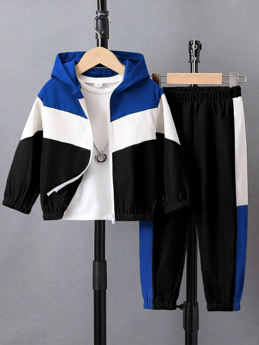 SHEIN 男童两件套休闲拼色连帽运动服和裤子套装户外秋季服装男童慢跑套装男童运动服套装男童运动服套装男童慢跑套装 - 藍色 - 查看 1