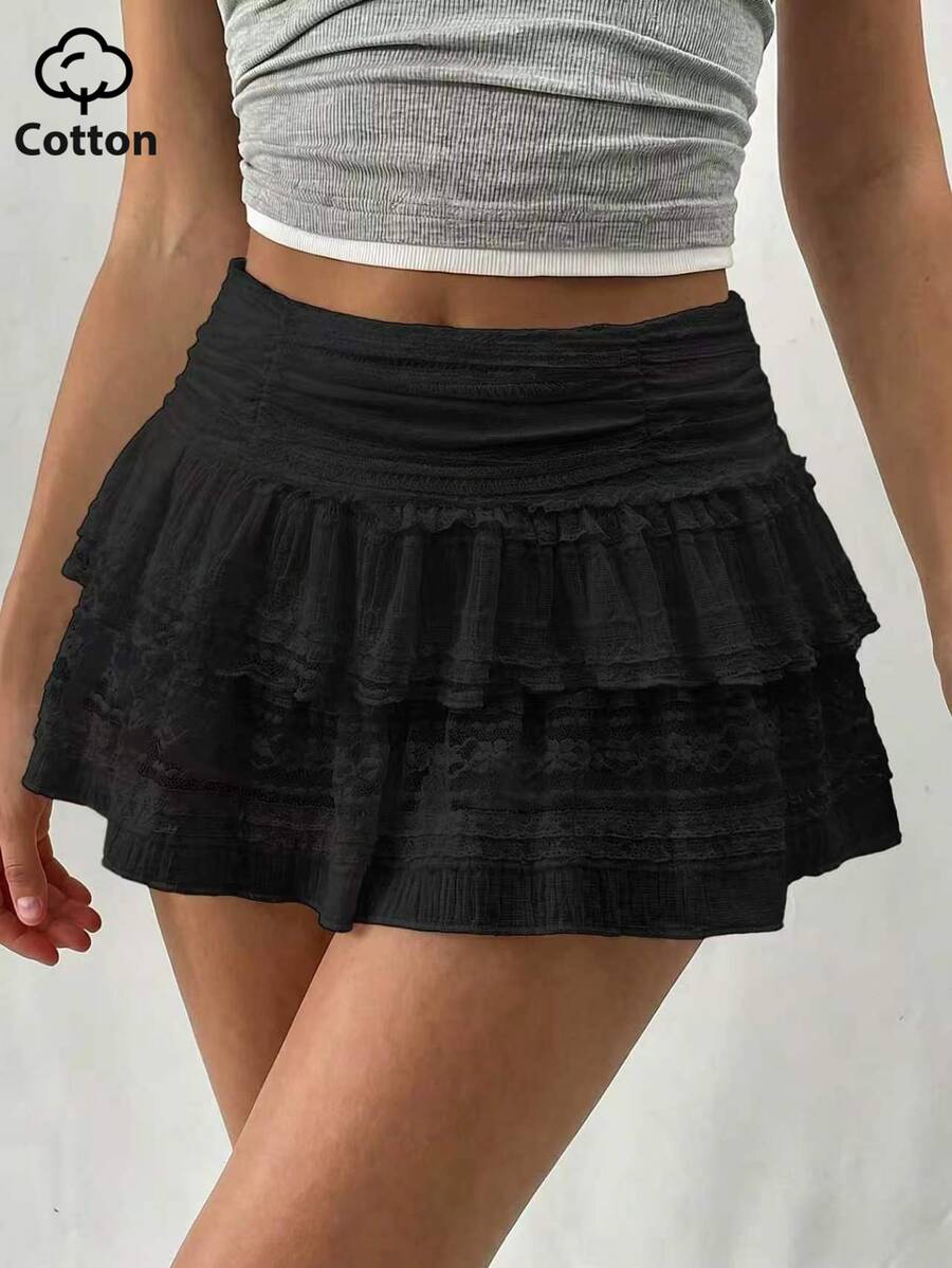 EgrlEra Women's Fashionable Sweet Solid Color Double-Layered Contrast Lace Mini A-Line Skirt Y2K Cute Night Party Black Summer - Black - View 1