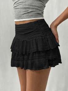 EgrlEra Women's Fashionable Sweet Solid Color Double-Layered Contrast Lace Mini A-Line Skirt Y2K Cute Night Party Black Summer - Black - View 4