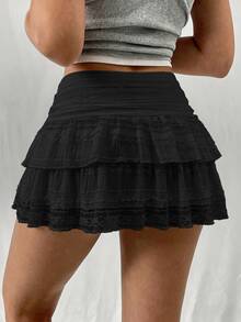 EgrlEra Women's Fashionable Sweet Solid Color Double-Layered Contrast Lace Mini A-Line Skirt Y2K Cute Night Party Black Summer - Black - View 2