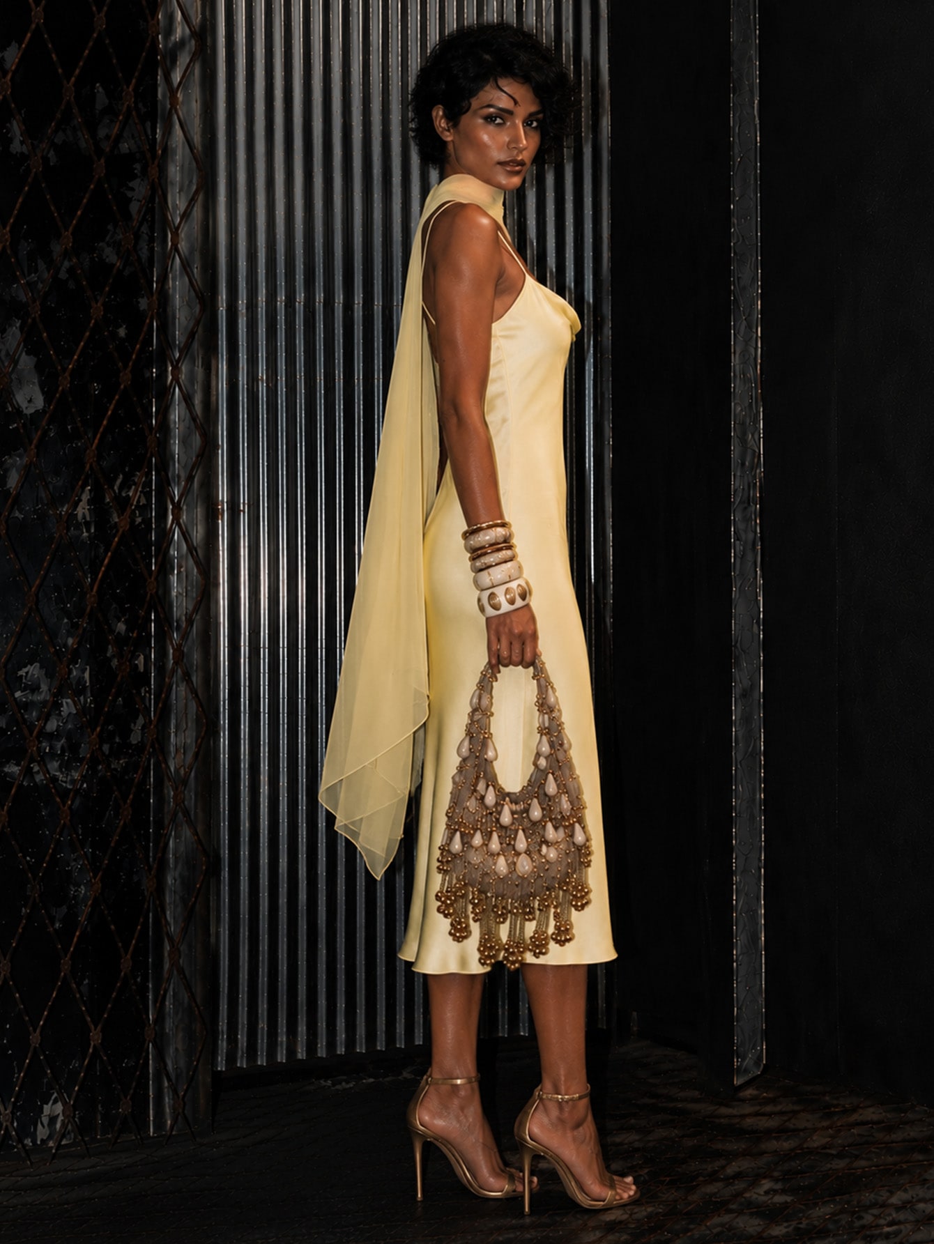 Butter Yellow Satin Cowl Neck Sheer Scarf Detail Midi Dress, view 4