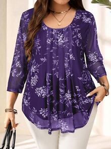 EMERY ROSE Plus Size Women Elegant Purple Floral Print 3/4 Sleeve Blouse,Autumn Family Matching,Casual Bohemia Holiday Vacation Everyday Wear,Fashionable Top - Purple - View 1