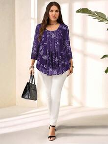EMERY ROSE Plus Size Women Elegant Purple Floral Print 3/4 Sleeve Blouse,Autumn Family Matching,Casual Bohemia Holiday Vacation Everyday Wear,Fashionable Top - Purple - View 7