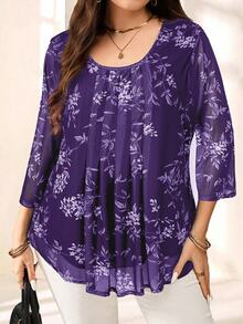 EMERY ROSE Plus Size Women Elegant Purple Floral Print 3/4 Sleeve Blouse,Autumn Family Matching,Casual Bohemia Holiday Vacation Everyday Wear,Fashionable Top - Purple - View 5