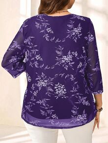 EMERY ROSE Plus Size Women Elegant Purple Floral Print 3/4 Sleeve Blouse,Autumn Family Matching,Casual Bohemia Holiday Vacation Everyday Wear,Fashionable Top - Purple - View 2