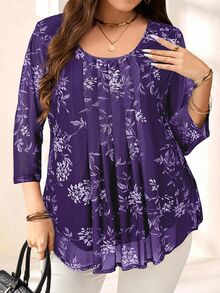 EMERY ROSE Plus Size Women Elegant Purple Floral Print 3/4 Sleeve Blouse,Autumn Family Matching,Casual Bohemia Holiday Vacation Everyday Wear,Fashionable Top - Purple - View 6