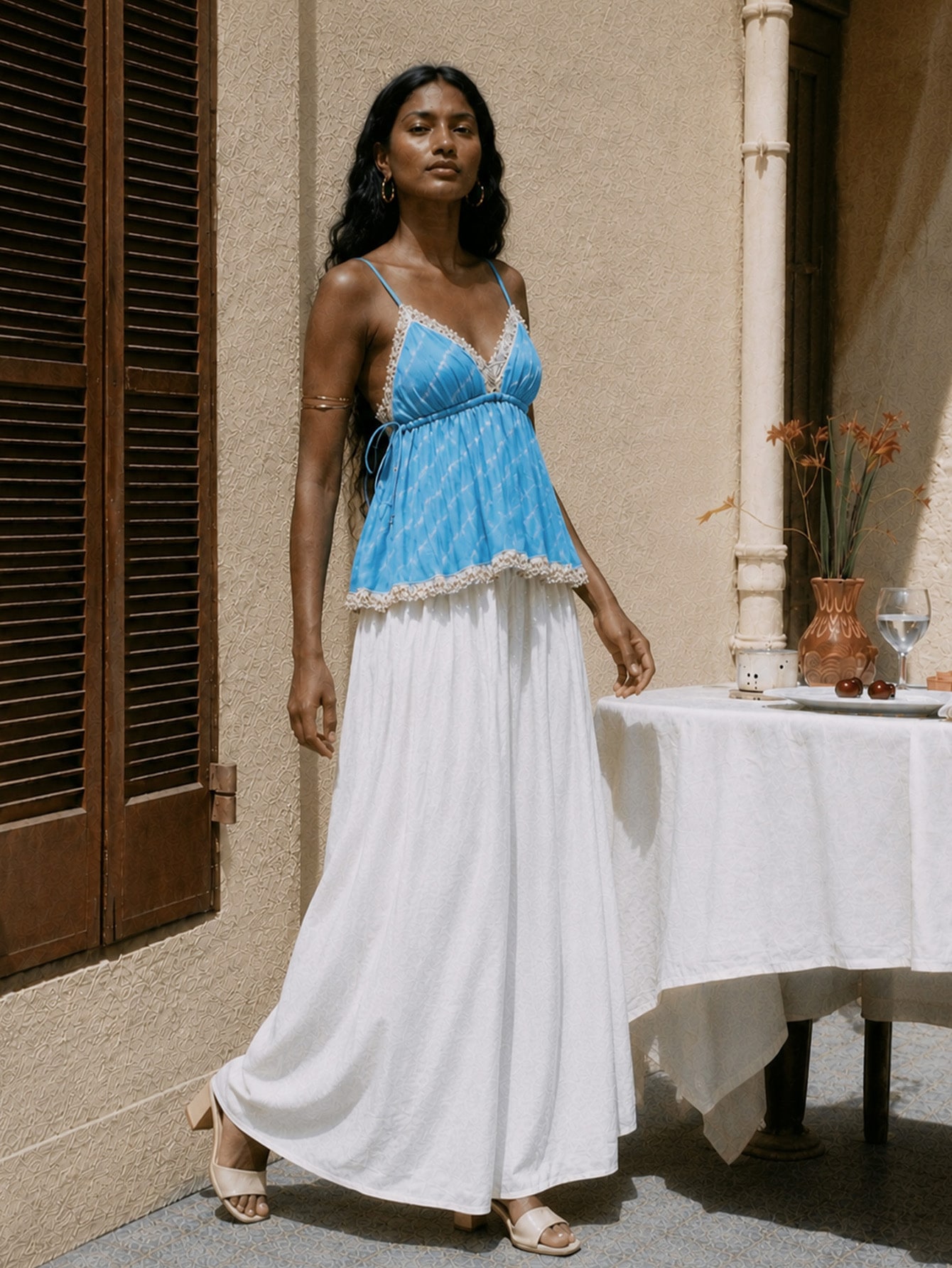 Blue Embellished Border Printed Tank Top, view 4