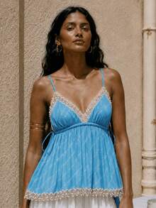 Zerodot Women Blue Embellished Border Printed Elegant Tank Top Party Going Out Summer - Baby Blue - View 3