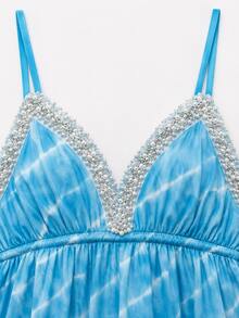 Zerodot Women Blue Embellished Border Printed Elegant Tank Top Party Going Out Summer - Baby Blue - View 5