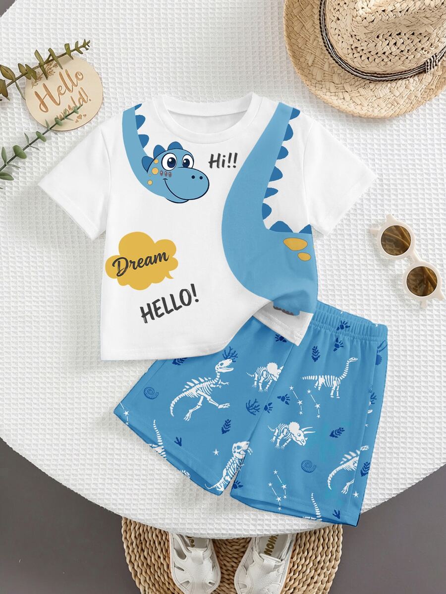 Baby Boy Cartoon Dinosaur Pattern Casual Minimalist T-Shirt Set Suitable For Summer - Multicolor - View 1