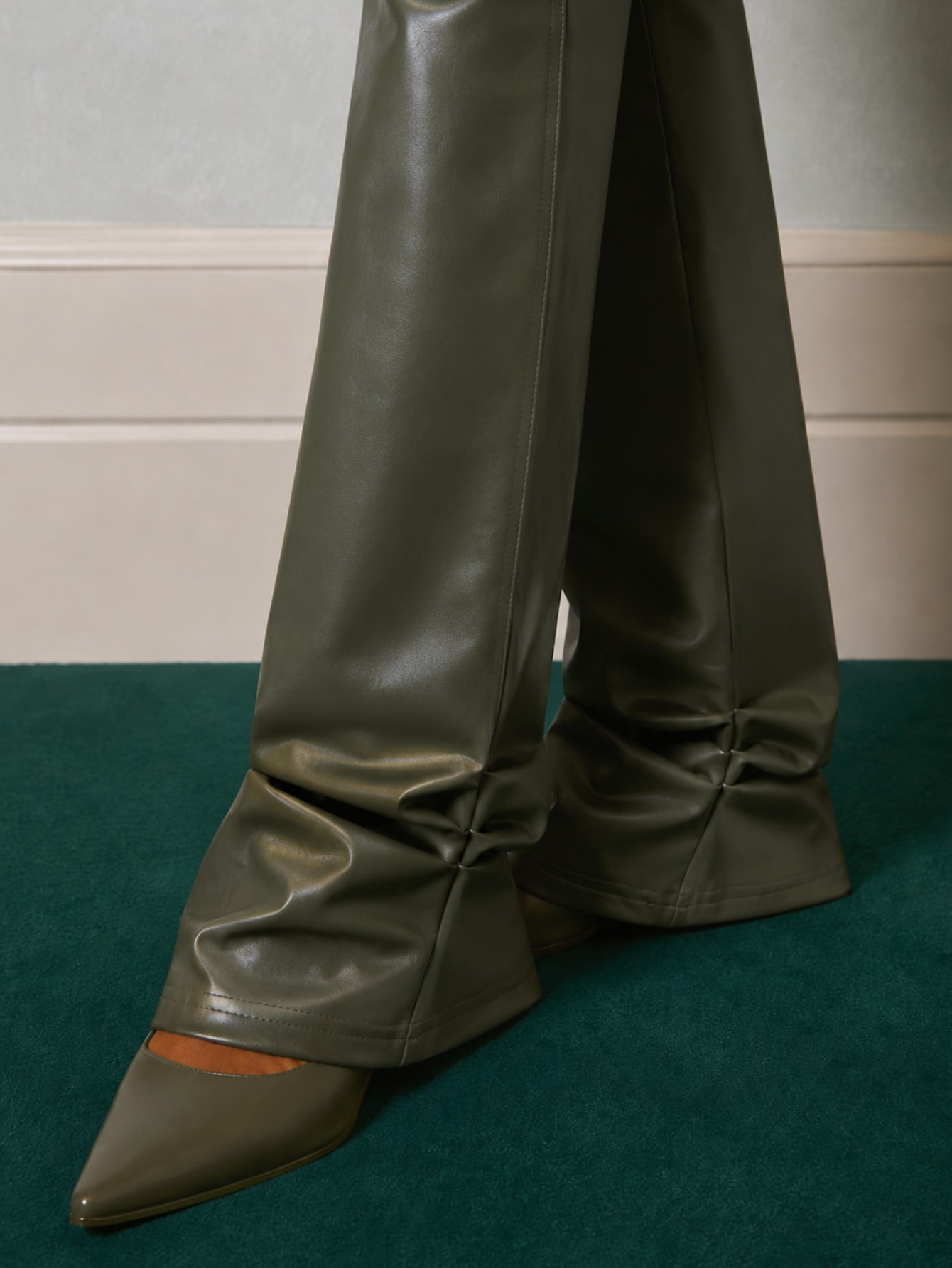 Olive Slim Fit Mid Rise Leather Pants Casual, view 4