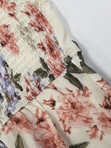 Sweetra 大尺碼女款春夏甜心領方領花卉印花雪紡荷葉邊短袖法式優雅復古可愛浪漫度假中長度鬱金香洋裝 粉色 - 杏色 - 查看 6