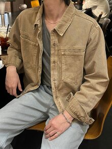 DAZY Men's Casual Fashion Street Daily Versatile Patchwork Pocket Denim Jacket, Spring/Autumn - Camel - View 4