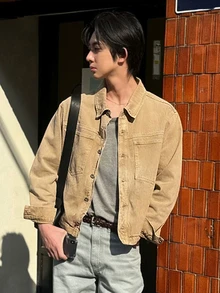 DAZY Men's Casual Fashion Street Daily Versatile Patchwork Pocket Denim Jacket, Spring/Autumn - Camel - View 5