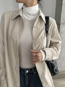 DAZY Patched Pocket Button Front Shirt,Long Sleeve Tops,Fall Women Clothes - Beige - View 5