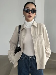 DAZY Patched Pocket Button Front Shirt,Long Sleeve Tops,Fall Women Clothes - Beige - View 1