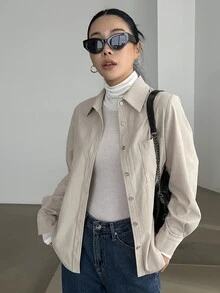 DAZY Patched Pocket Button Front Shirt,Long Sleeve Tops,Fall Women Clothes - Beige - View 3