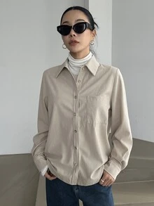 DAZY Patched Pocket Button Front Shirt,Long Sleeve Tops,Fall Women Clothes - Beige - View 7