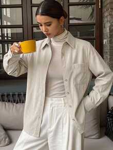 DAZY Patched Pocket Button Front Shirt,Long Sleeve Tops,Fall Women Clothes - Beige - View 10