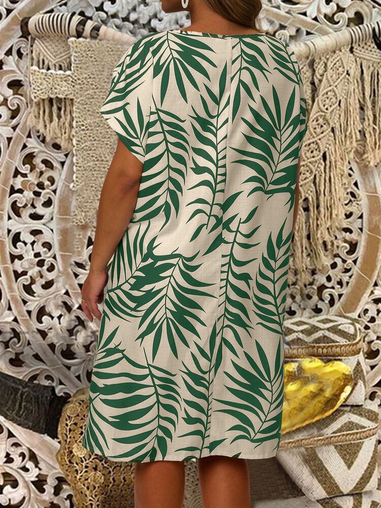 EMERY ROSE Plus Size Women's Summer Boho Tropical Plant Print V-Neck Short Sleeve Casual Vacation Dress,Country All Over Print Minimalist Beach Sundress,Holiday - Green - View 2