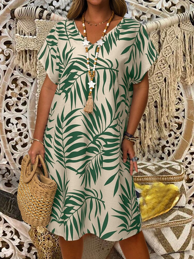 EMERY ROSE Plus Size Women's Summer Boho Tropical Plant Print V-Neck Short Sleeve Casual Vacation Dress,Country All Over Print Minimalist Beach Sundress,Holiday - Green - View 5