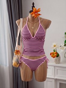 SHEIN Swim 女款兩件式比基尼套裝，熱帶可愛多色印花掛脖綁帶上衣搭配三角泳褲，優雅海灘度假休閒比基尼套裝，適合假期與情人節派對 - 彩色 - 查看 3