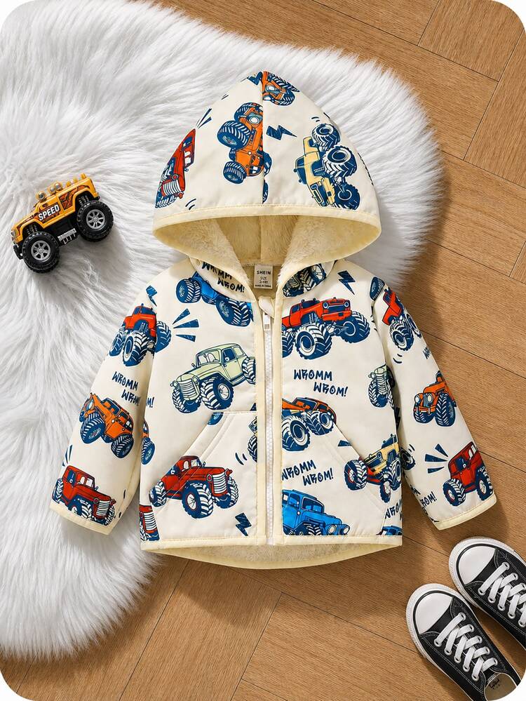 SHEIN Baby Boy Hooded Zip-Up Jacket, Big Wheel Truck & Car Allover Print Fleece Hooded Coat, Cute Vehicle Pattern For Fall & Winter, Sizes 6M-3T - Multicolor - View 3