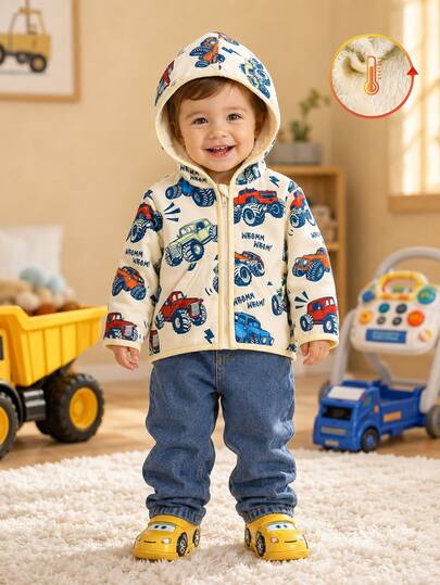 SHEIN Cute And Cozy Long Sleeve Hooded Coat For Baby Boys With Multicolor Design Baby Boy Jacket Hooded Baby Jacket Baby Boy Jacket Fall Winter