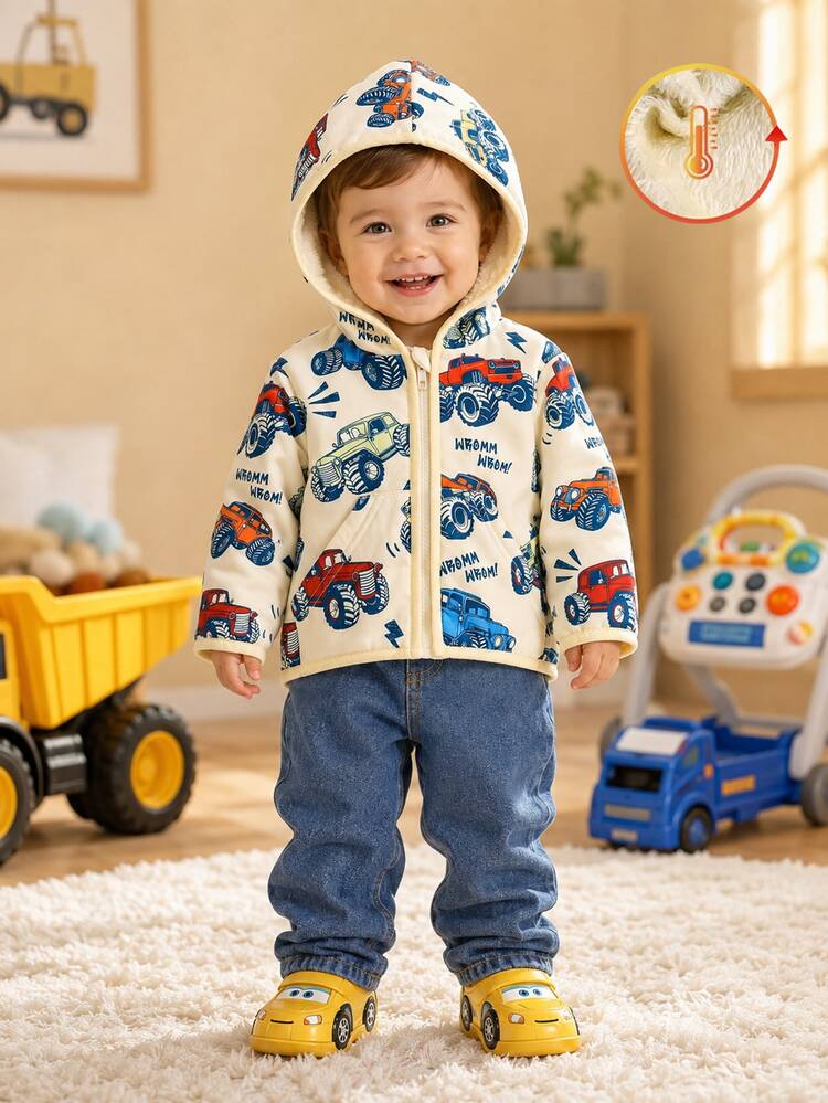 SHEIN Baby Boy Hooded Zip-Up Jacket, Big Wheel Truck & Car Allover Print Fleece Hooded Coat, Cute Vehicle Pattern For Fall & Winter, Sizes 6M-3T - Multicolor - View 1