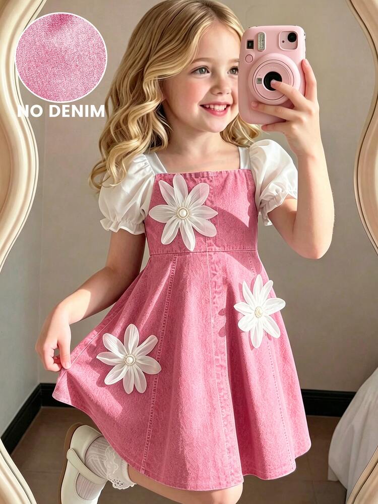 Young Girls Elegant Gentle Casual Denim Effect Dress,Pink With White Puff Sleeves Floral Decorations. Simple Stylish, Fairy Birthday Summer First - Multicolor - View 1