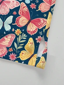 PopScrub 2pcs/Set Casual Butterfly & Plant Cartoon Pattern Scrub, Women's Fashion V-Neck Short Sleeve Pocket With Split Design Workwear Top And Dark Green Straight Leg Pants, Spring/Summer - Multicolor - View 5