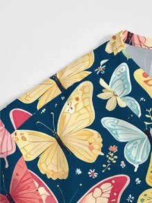 PopScrub 2pcs/Set Casual Butterfly & Plant Cartoon Pattern Scrub, Women's Fashion V-Neck Short Sleeve Pocket With Split Design Workwear Top And Dark Green Straight Leg Pants, Spring/Summer - Multicolor - View 4