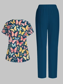 PopScrub 2pcs/Set Casual Butterfly & Plant Cartoon Pattern Scrub, Women's Fashion V-Neck Short Sleeve Pocket With Split Design Workwear Top And Dark Green Straight Leg Pants, Spring/Summer - Multicolor - View 2
