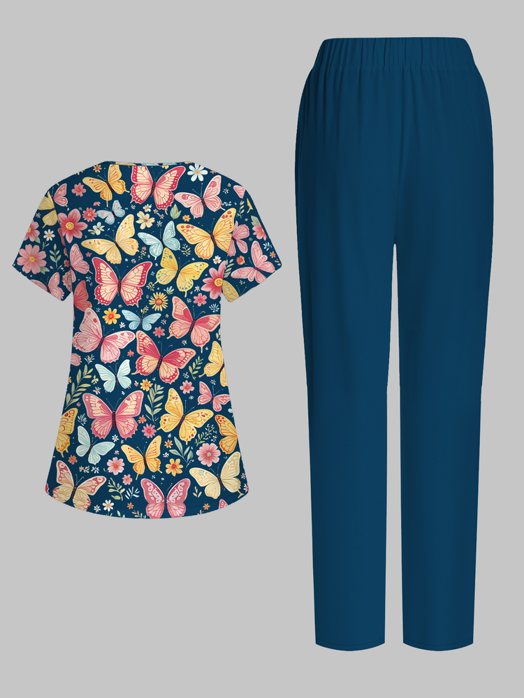 PopScrub 2pcs/Set Casual Butterfly & Plant Cartoon Pattern Scrub, Women's Fashion V-Neck Short Sleeve Pocket With Split Design Workwear Top And Dark Green Straight Leg Pants, Spring/Summer - Multicolor - View 2