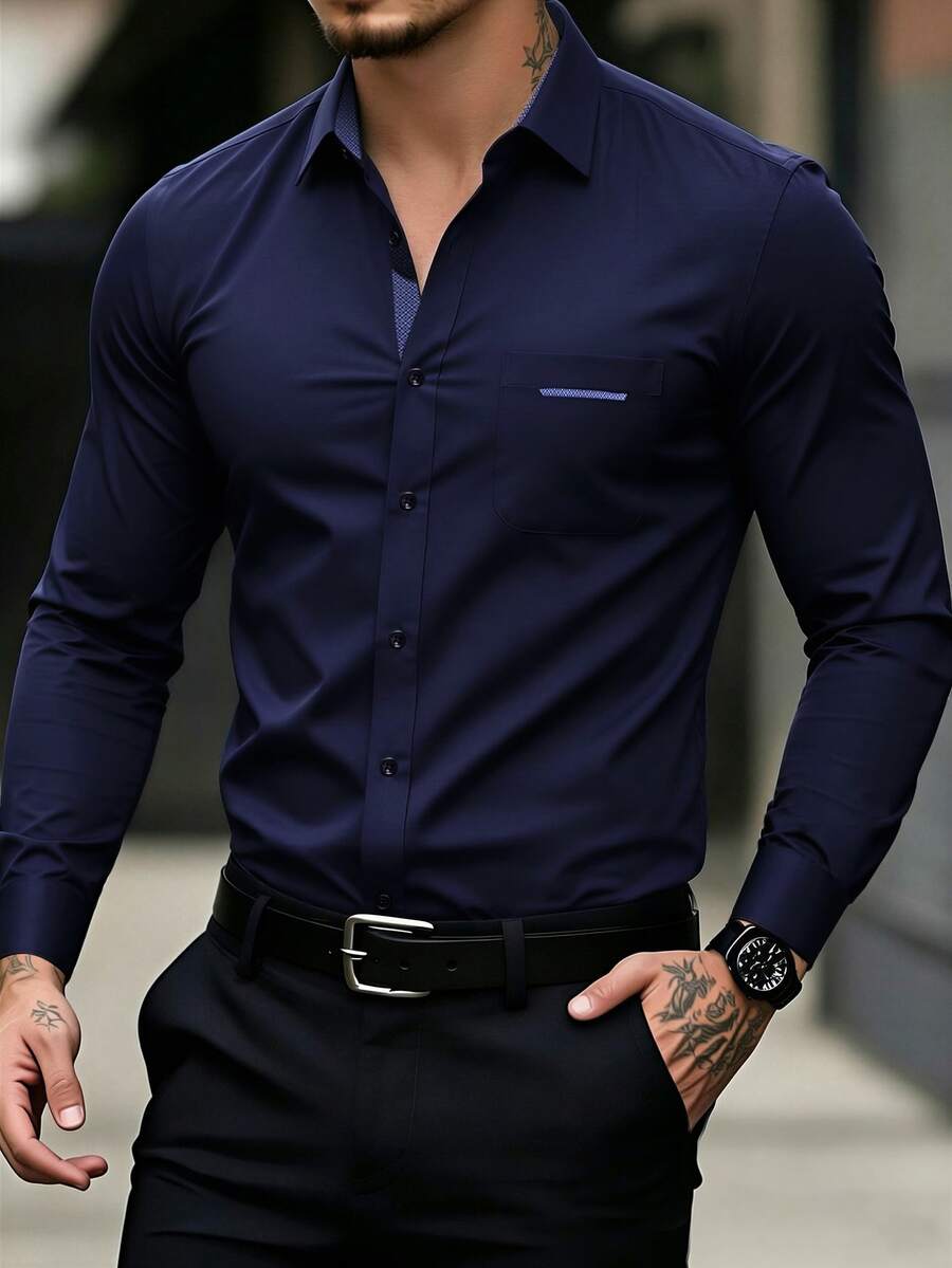 Manfinity Mode Manfinity CasualCool Men's Casual Long-Sleeve Shirt, Suitable For Formal Occasions And Celebrations. - Navy Blue - View 1