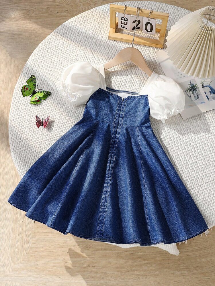 Blue Denim Effect Summer Fairy Birthday Dress For Young Girls, Elegant Floral Decoration With White Puff Sleeves, Stylish Casual Outfit For Daily Wear - Multicolor - View 2