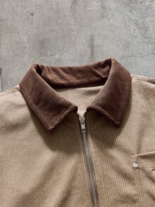 AXEPEAK 男士時尚刺繡拉鍊口袋長袖夾克 - 棕色 - 查看 3
