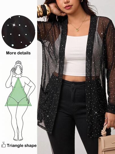 Truni Jaqueta Transparente de Tule com Strass para Mulheres Plus Size, Corpo de Pera, Corpo Triangular