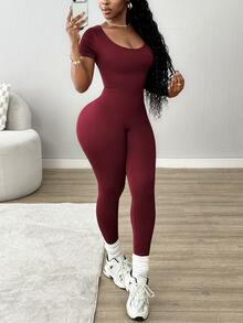 SHEIN Core Rhythm Women's Short Sleeve Backless Sports Athleisure Sexy Jumpsuit Gym Burgundy Summer - Burgundy - View 3
