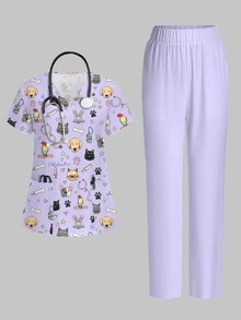 PopScrub Multi-Animal Doodle Cartoon Print Light Purple Fashion V-Neck Short Sleeve Pocket Split Design Healthcare Top, Straight Leg Pants Women's 2-Piece Set - Multicolor - View 1