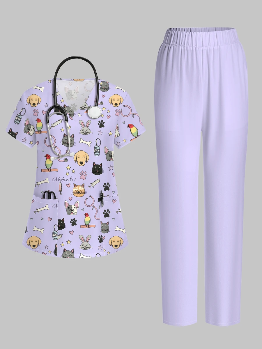 PopScrub Multi-Animal Doodle Cartoon Print Light Purple Fashion V-Neck Short Sleeve Pocket Split Design Healthcare Top, Straight Leg Pants Women's 2-Piece Set - Multicolor - View 1